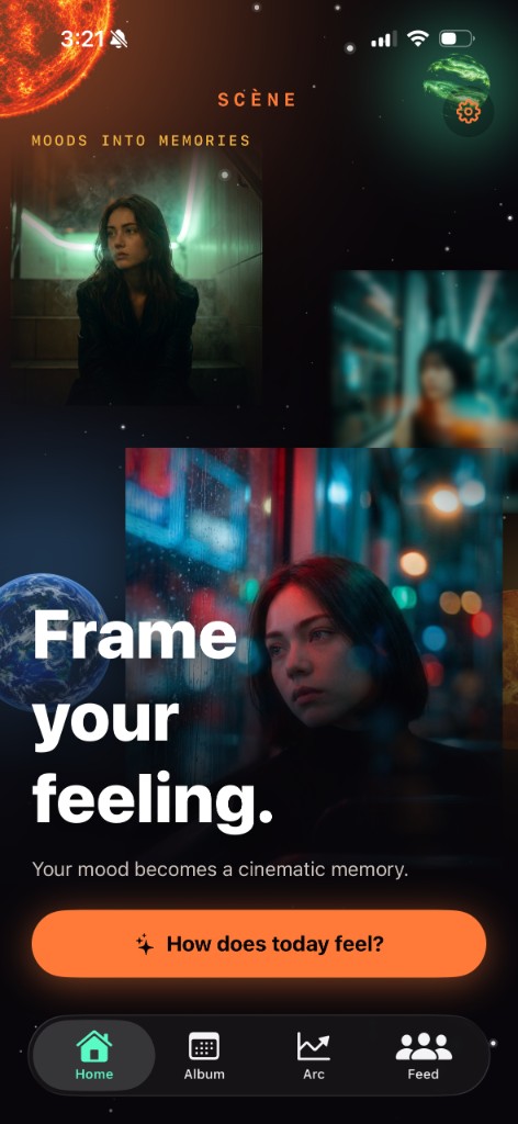 Scène home screen inviting you to frame your feeling