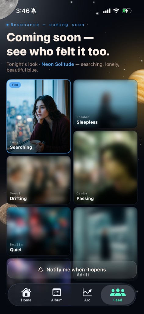 Resonance feed showing others' moods, coming soon